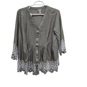 Chico's Olive Green Tunic with White Embroidered Hem